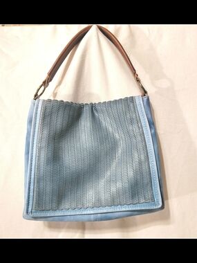 Soft Blue Textured Shoulder Tote with Brown Handle Feels Like Leather